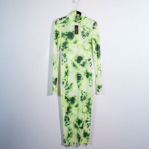 NEW AFRM Shailene Sheer Mesh Mockneck Long Sleeve Midi Dress Lime Green Tie Dye